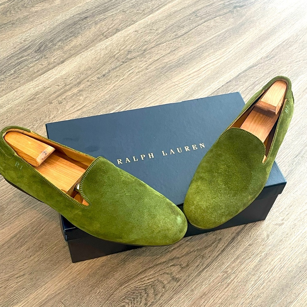 Men Ralph Lauren purple label - green suede slippers Sz. 10